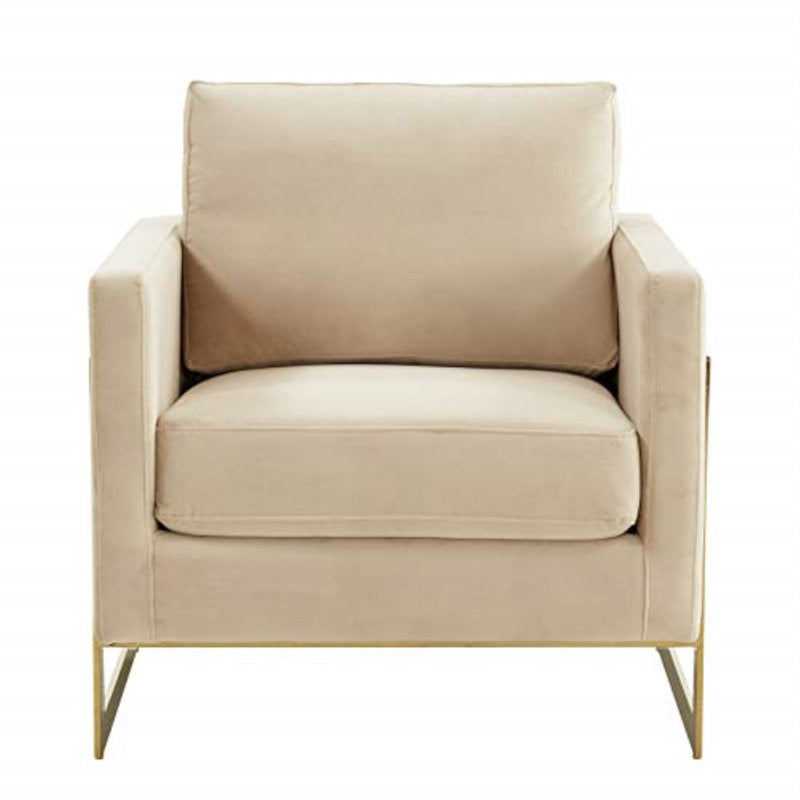Accent Armchair, Beige Velvet with Gold Metal Legs