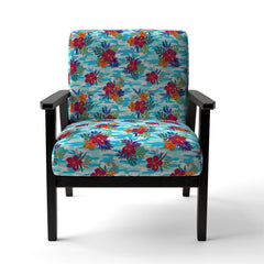 Accent Armchair, Blue Velvet with Damask Pattern and Black Legs