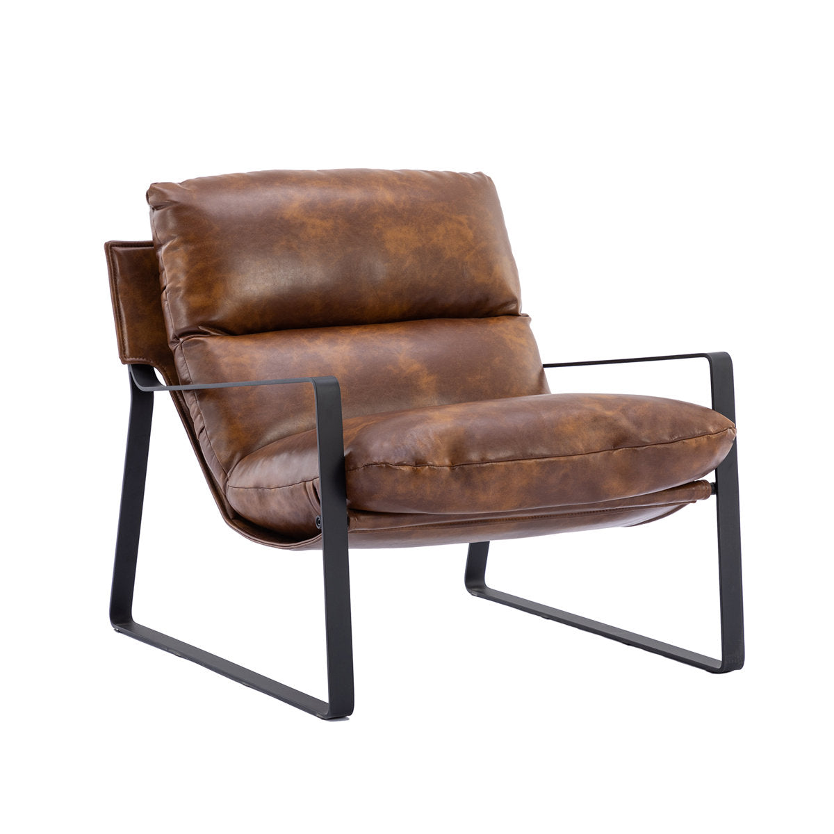 Accent Armchair, Brown Faux Leather, Black Iron Legs