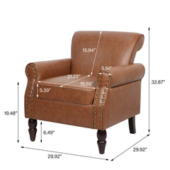 Accent Armchair, Brown Faux Leather with Dark Brown Wood Legs