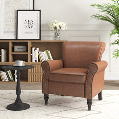 Accent Armchair, Brown Faux Leather with Dark Brown Wood Legs