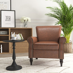 Accent Armchair, Brown Faux Leather with Dark Brown Wood Legs