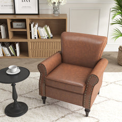 Accent Armchair, Brown Faux Leather with Dark Brown Wood Legs