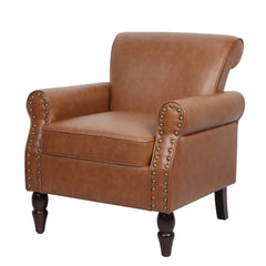 Accent Armchair, Brown Faux Leather with Dark Brown Wood Legs