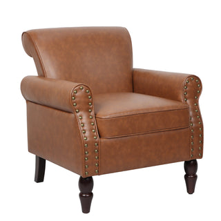 Accent Armchair, Brown Faux Leather with Dark Brown Wood Legs