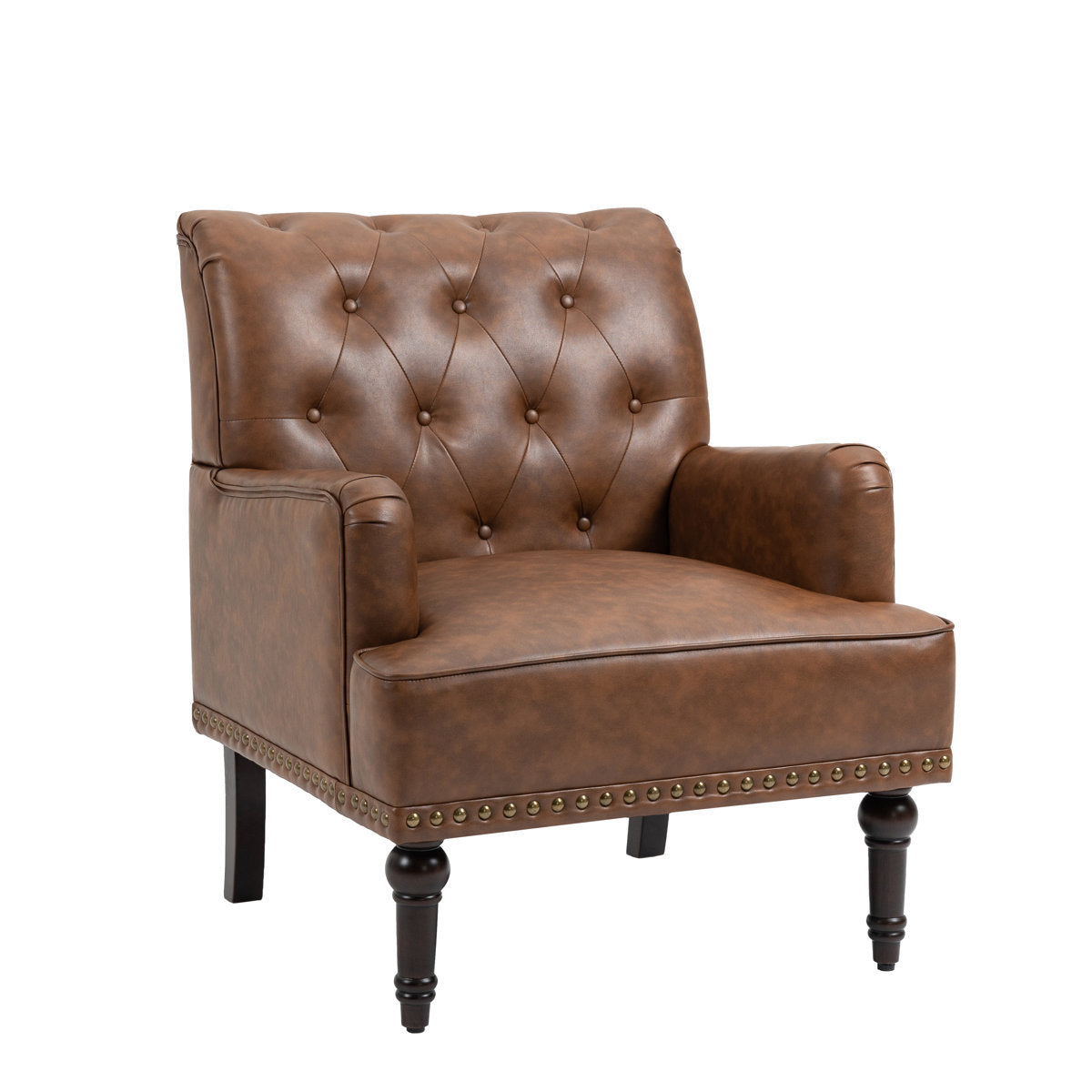 Accent Armchair, Faux Leather, Solid Wood Frame, Brown, Black Legs