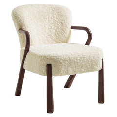 Accent Armchair, Faux Shearling Upholstery, Wood Arms, Ecru