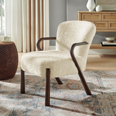 Accent Armchair, Faux Shearling Upholstery, Wood Arms, Ecru