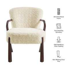 Accent Armchair, Faux Shearling Upholstery, Wood Arms, Ecru