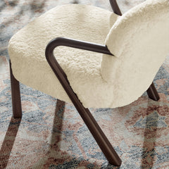 Accent Armchair, Faux Shearling Upholstery, Wood Arms, Ecru