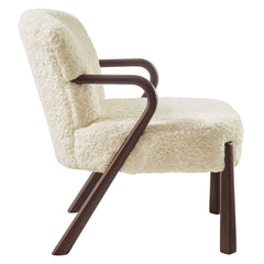 Accent Armchair, Faux Shearling Upholstery, Wood Arms, Ecru