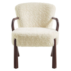 Accent Armchair, Faux Shearling Upholstery, Wood Arms, Ecru