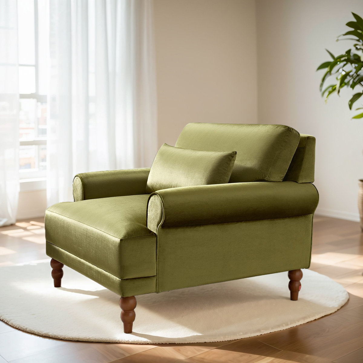 Accent Armchair, Green Velvet with Brown Wood Legs