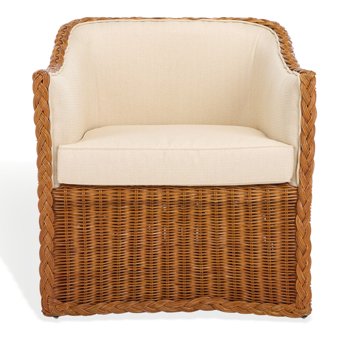 Accent Armchair in Beige Linen with Rattan Frame