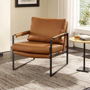 Accent Armchair in Brown Genuine Leather with Black Metal Legs