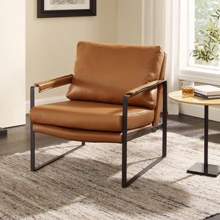 Accent Armchair in Brown Genuine Leather with Black Metal Legs