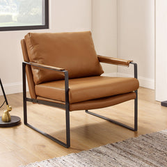 Accent Armchair in Brown Genuine Leather with Black Metal Legs