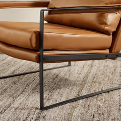 Accent Armchair in Brown Genuine Leather with Black Metal Legs
