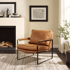 Accent Armchair in Brown Genuine Leather with Black Metal Legs