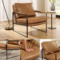 Accent Armchair in Brown Genuine Leather with Black Metal Legs