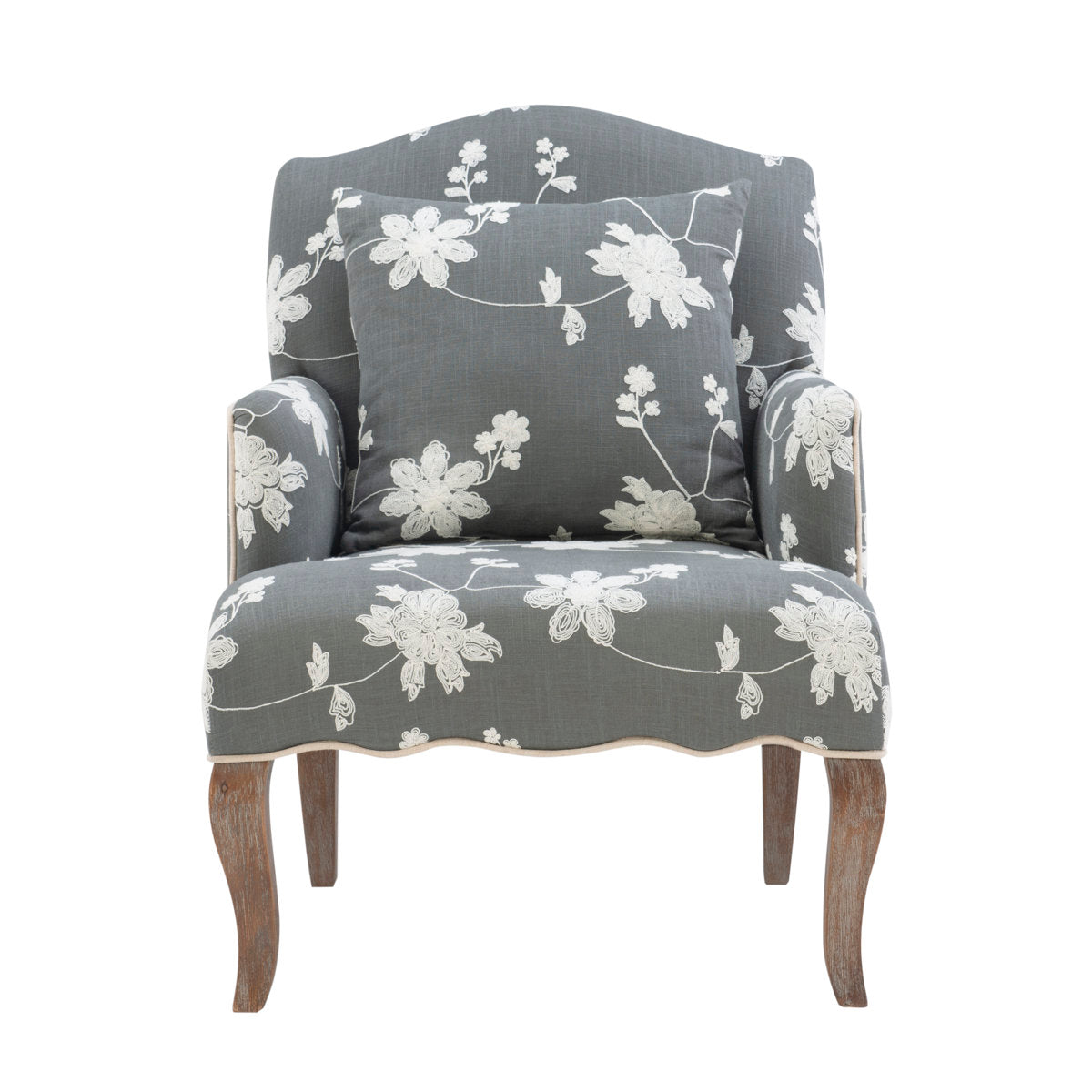Accent Armchair in Gray Floral Jacquard with Brown Birch Legs