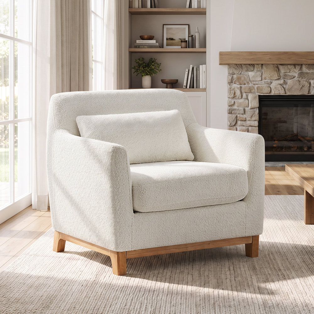 Accent Armchair in White Boucle with Natural Wood Legs