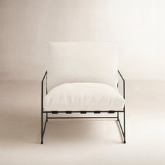 Accent Armchair in White Cotton Blend with Black Metal Legs