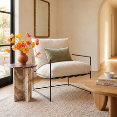 Accent Armchair in White Cotton Blend with Black Metal Legs