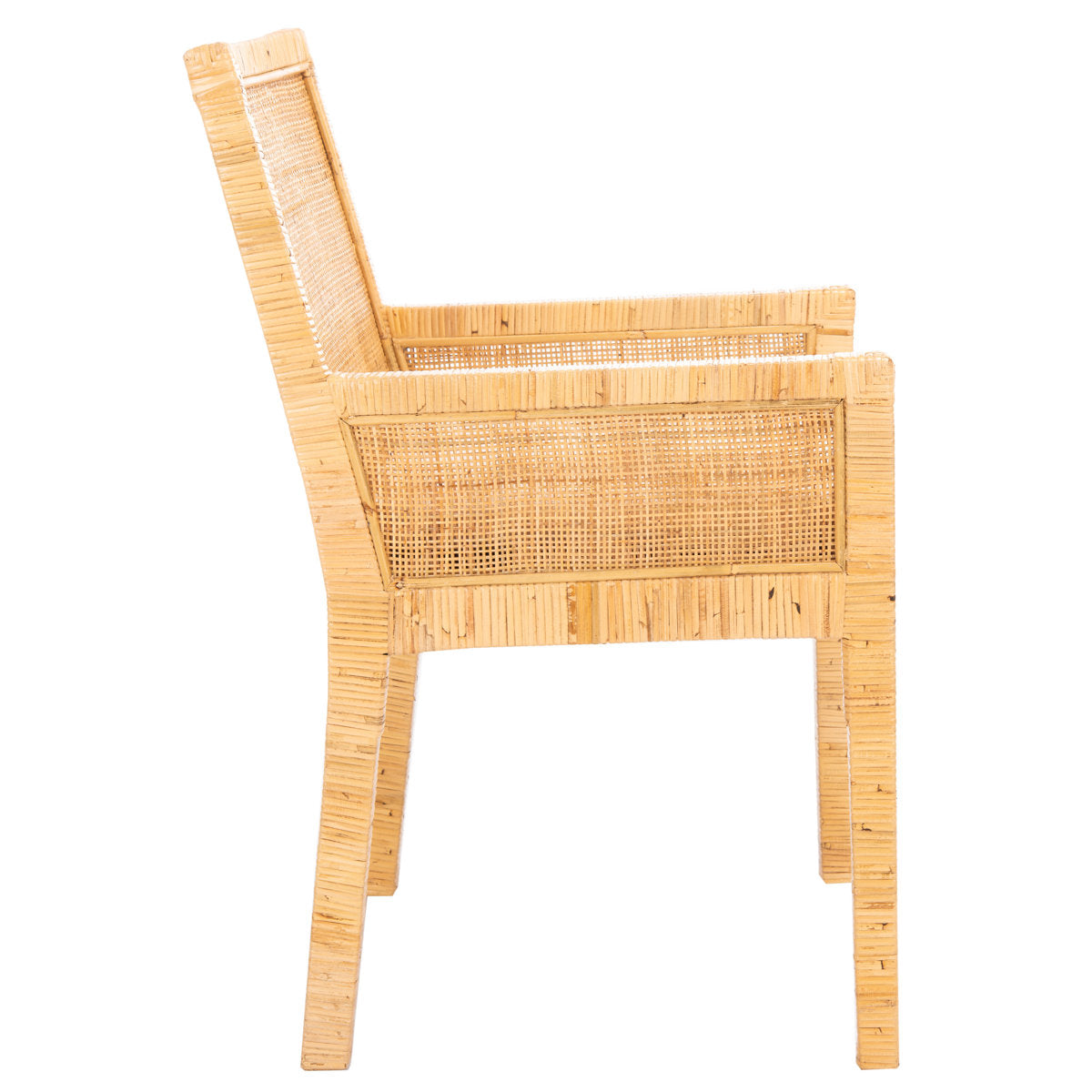 Accent Armchair, Linen Upholstery in White with Natural Rattan Legs
