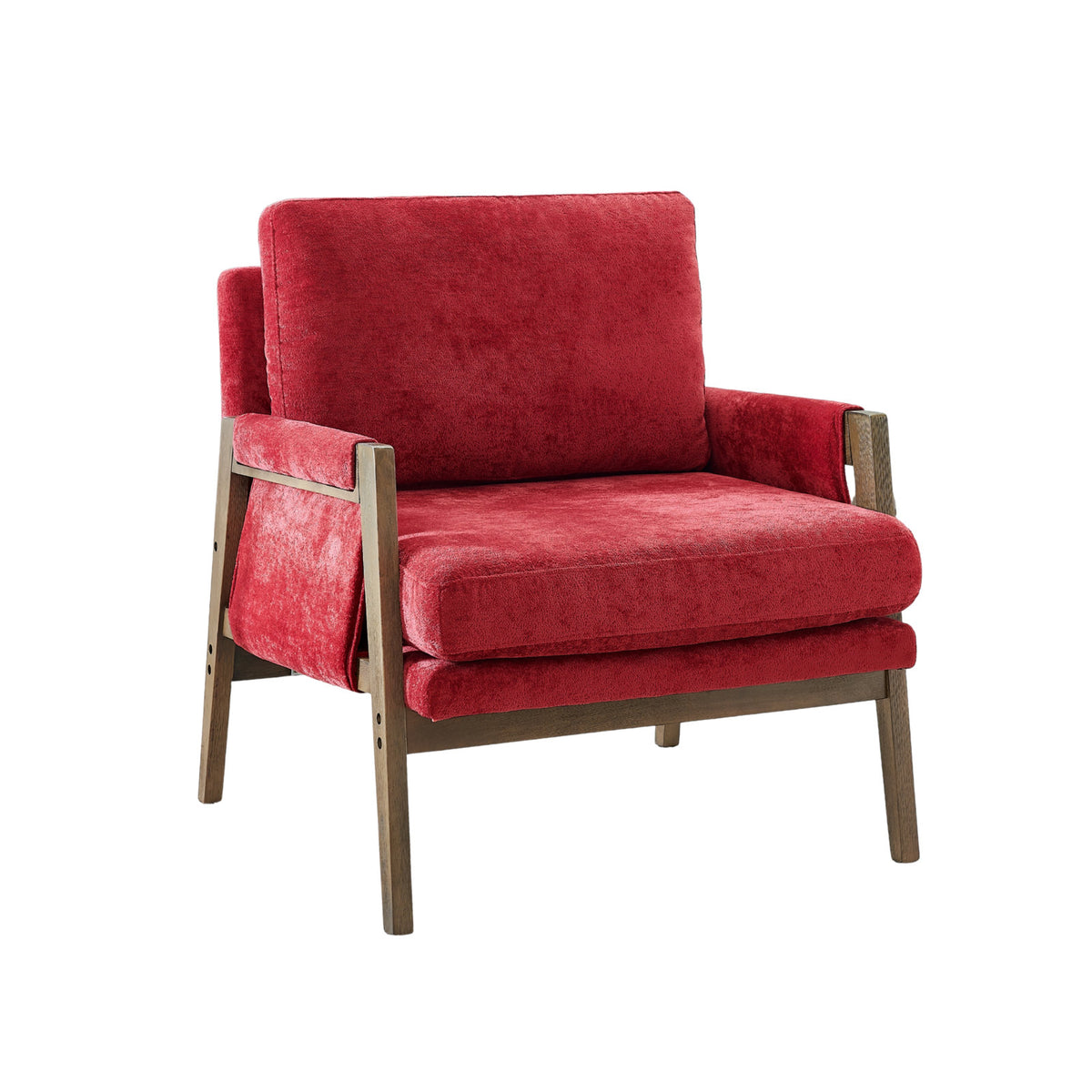 Accent Armchair, Mid-Century Modern, Red Velvet with Solid Wood Frame