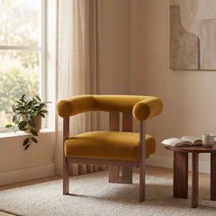 Accent Armchair, Mustard Yellow Velvet with Walnut Finish Legs