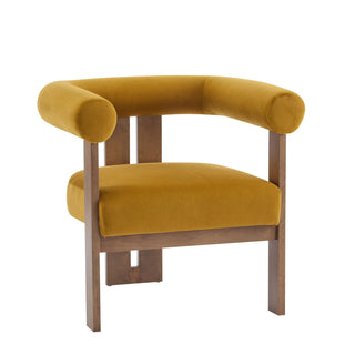 Accent Armchair, Mustard Yellow Velvet with Walnut Finish Legs