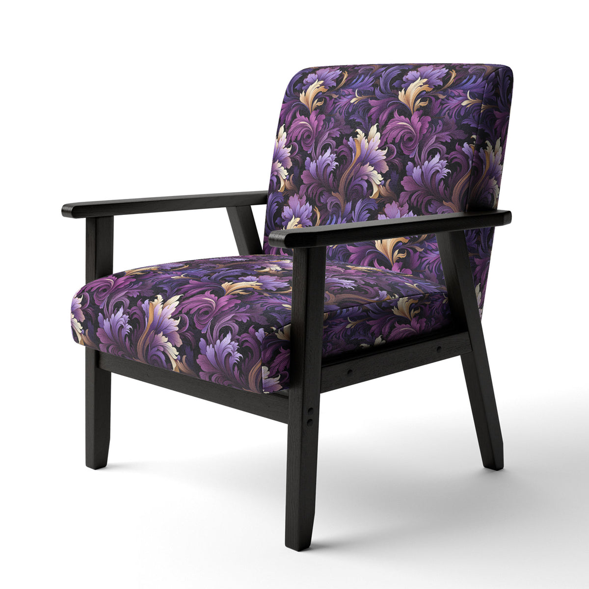 Accent Armchair, Paisley and Floral Velvet with Black Legs, Gold and Purple