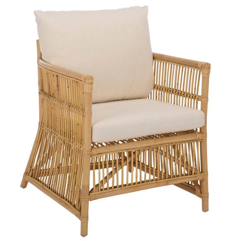 Accent Armchair, Rattan Frame with White Cotton Blend Upholstery