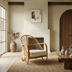 Accent Armchair, Rattan Frame with White Linen Upholstery