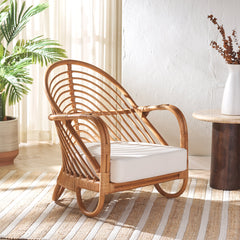 Accent Armchair, Rattan Frame with White Linen Upholstery