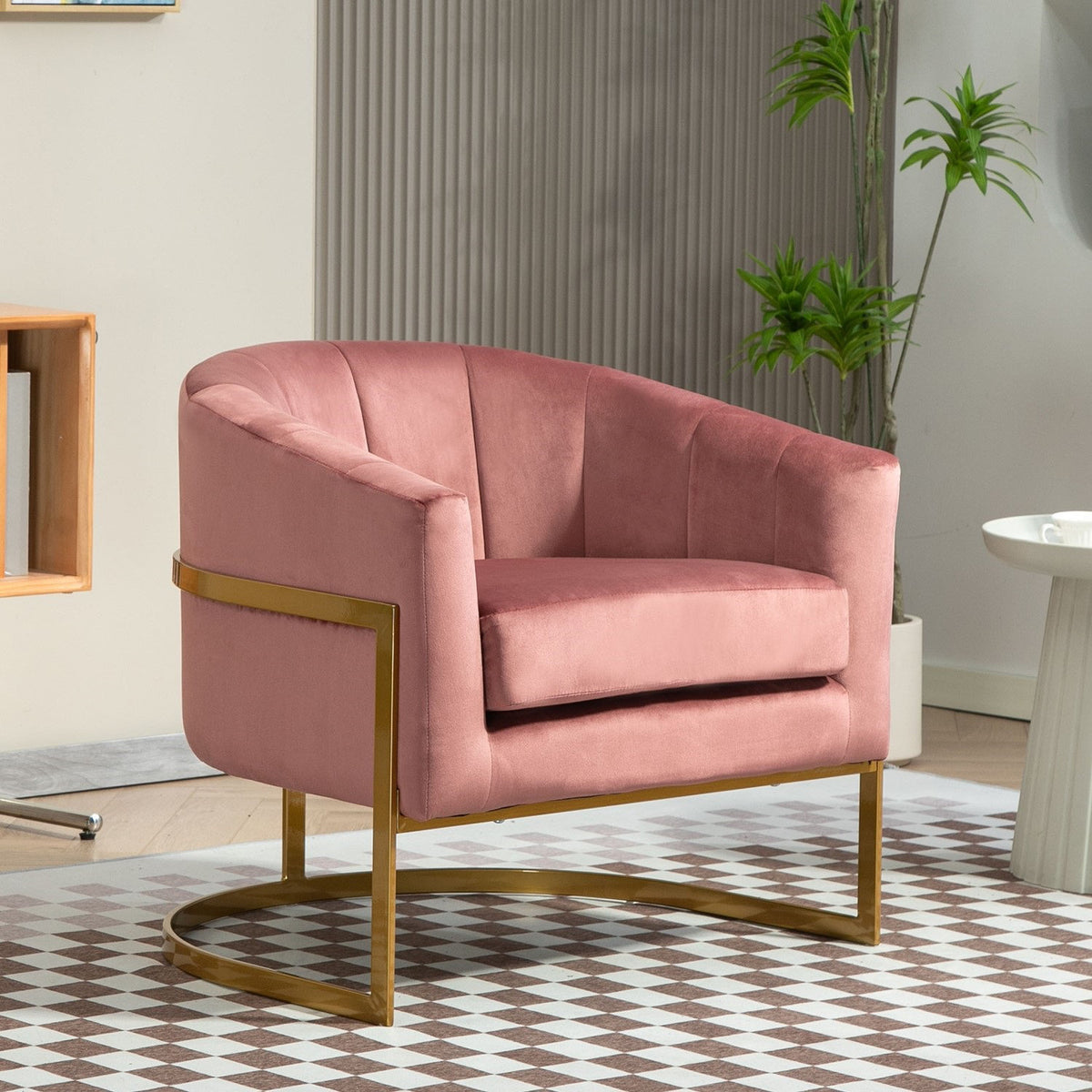 Accent Armchair, Rose Velvet, Wood Frame, Metal Legs