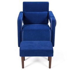 Accent Armchair with Ottoman, Deep Sapphire Blue Berber Fleece with Brown Legs