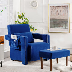 Accent Armchair with Ottoman, Deep Sapphire Blue Berber Fleece with Brown Legs