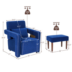Accent Armchair with Ottoman, Deep Sapphire Blue Berber Fleece with Brown Legs
