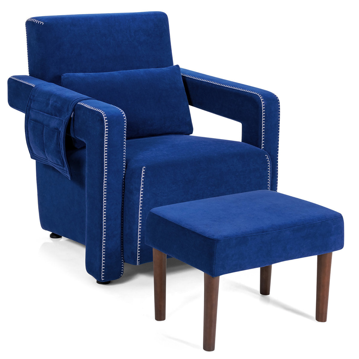 Accent Armchair with Ottoman, Deep Sapphire Blue Berber Fleece with Brown Legs
