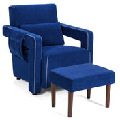Accent Armchair with Ottoman, Deep Sapphire Blue Berber Fleece with Brown Legs