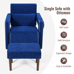 Accent Armchair with Ottoman, Deep Sapphire Blue Berber Fleece with Brown Legs