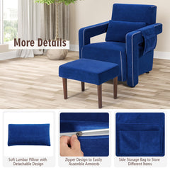 Accent Armchair with Ottoman, Deep Sapphire Blue Berber Fleece with Brown Legs