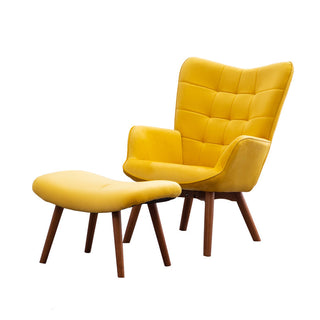 Accent Armchair with Ottoman, Yellow Velvet Tufted with Brown Legs