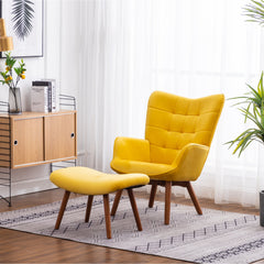 Accent Armchair with Ottoman, Yellow Velvet Tufted with Brown Legs