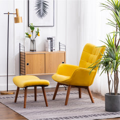 Accent Armchair with Ottoman, Yellow Velvet Tufted with Brown Legs