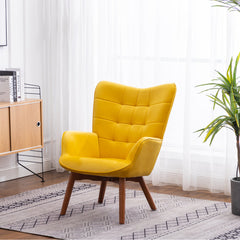 Accent Armchair with Ottoman, Yellow Velvet Tufted with Brown Legs