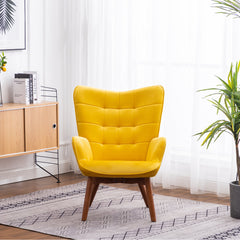 Accent Armchair with Ottoman, Yellow Velvet Tufted with Brown Legs
