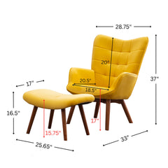 Accent Armchair with Ottoman, Yellow Velvet Tufted with Brown Legs